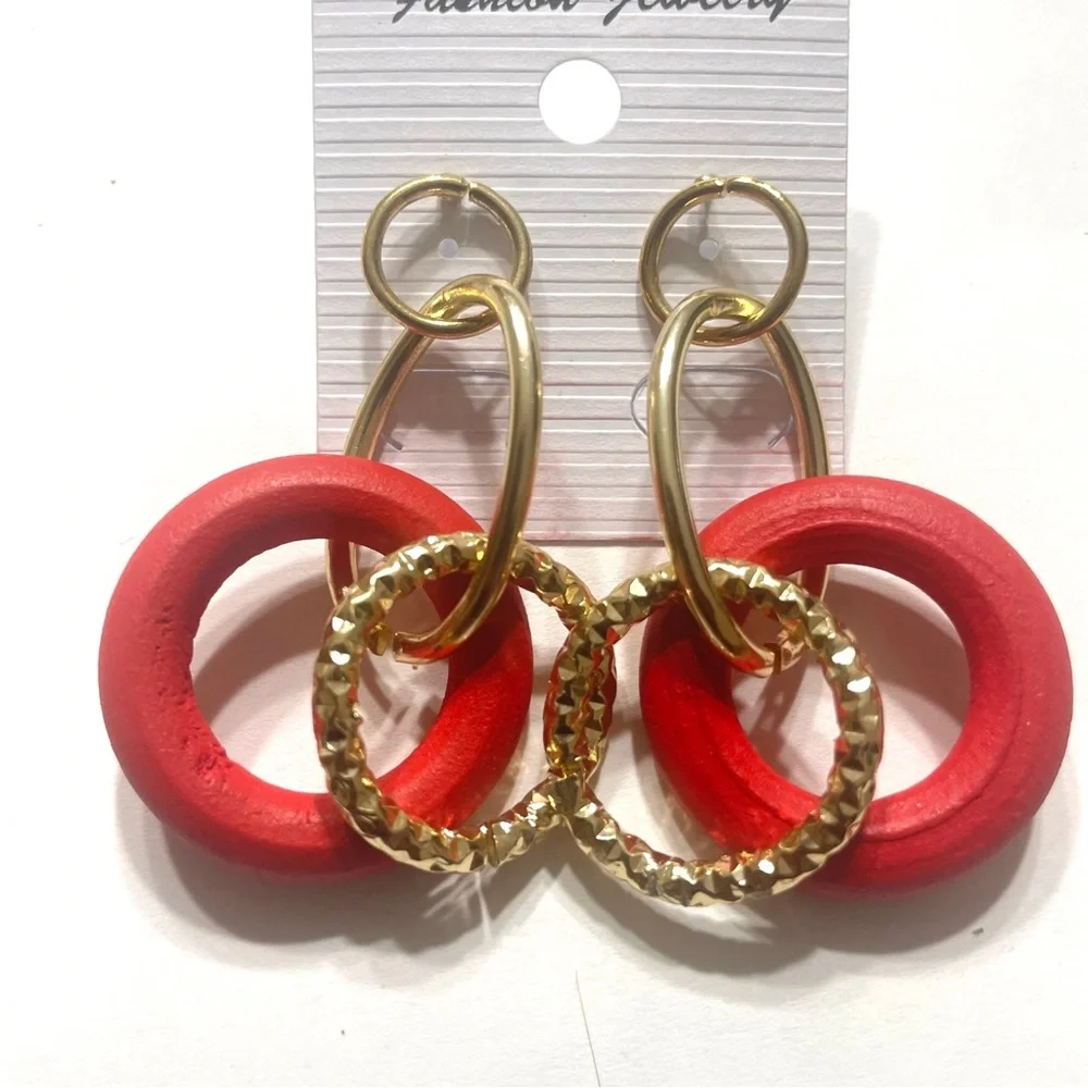 Multi-Shape Colorful Wooden with Gold-Tone Dangle Earrings, Push Back Closure - Picture 8 of 13